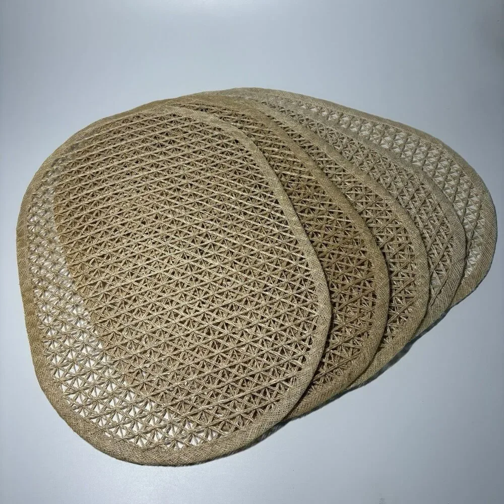 Set of 4 Tan Natural Straw Hemp Fiber Woven Placemats Oval Boho Beach Hand Made